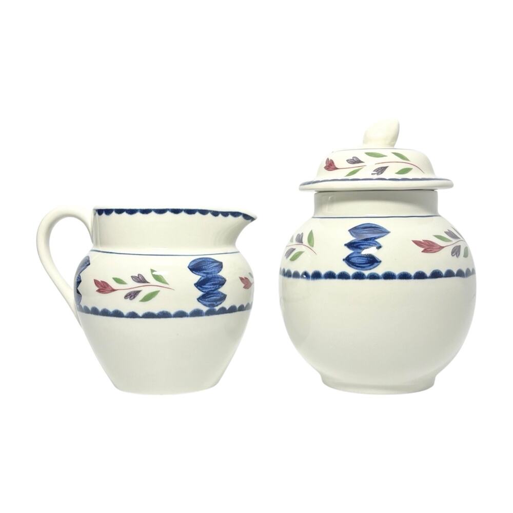 Adams “Lancaster” Pair of Ironstone Creamer 3 3/8” 8oz & Sugar Bowl w/Lid 5 1/8”